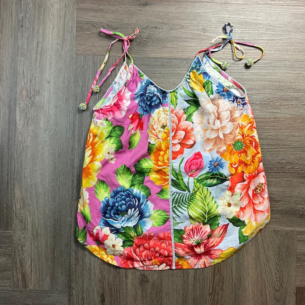 Farm Rio Tank Topā Womens XS Pink Blue Floral Linen Beaded Tie Strap Cami Boho